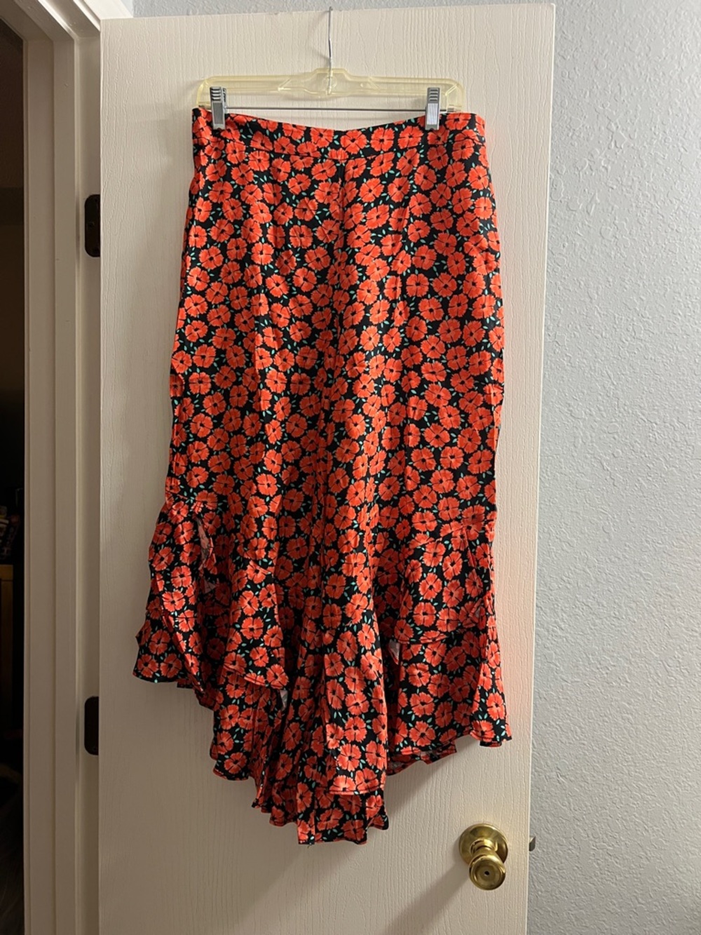 Anthropologie Black and Red Floral Asymmetrical Ruffle Skirt